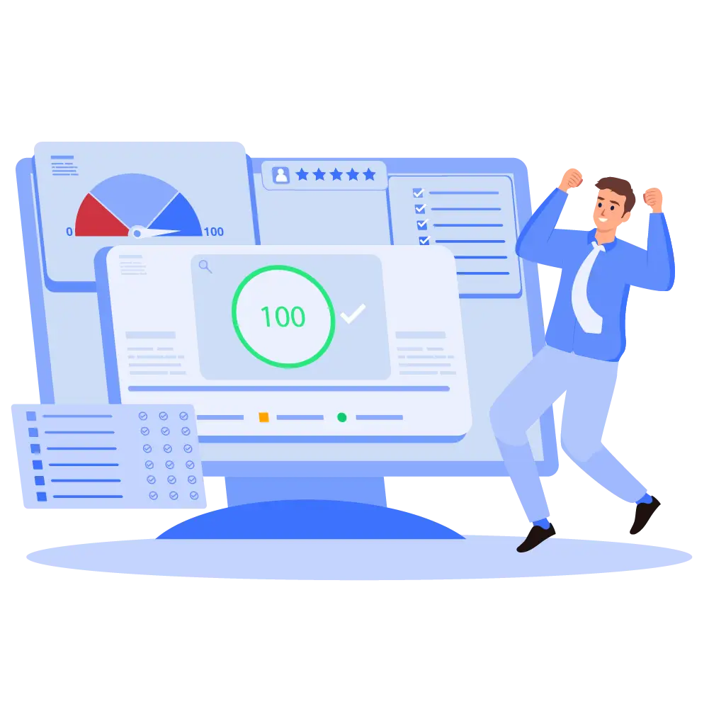 Geschäftsmann feiert perfekte Bewertungen mit 100-Punkte-Score und positiven Verzeichniseinträge durch die Store Pilot Local Listing Software.