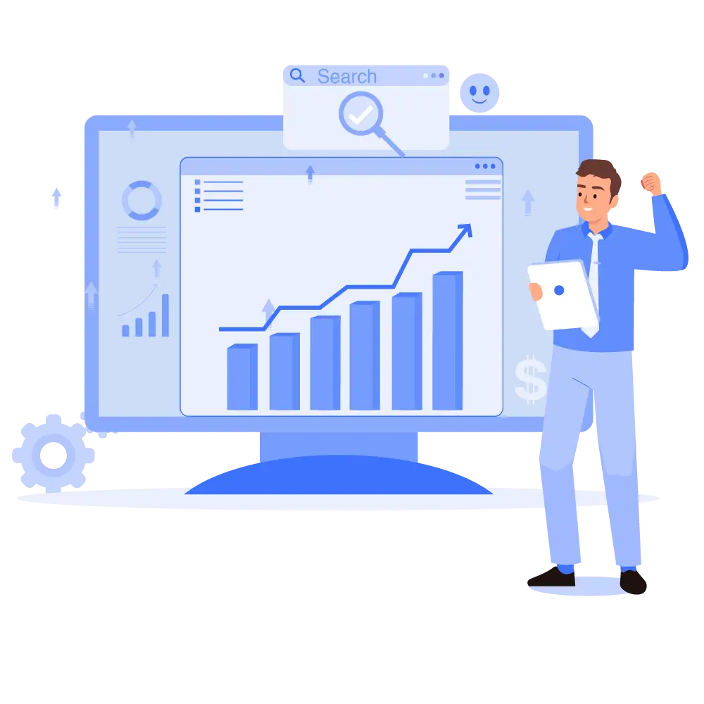 Geschäftsmann freut sich über steigende Online-Sichtbarkeit und Wachstumszahlen – Store Pilot Local Listing Software für SEO-Optimierung.
