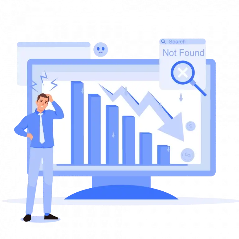 Frustrierter Geschäftsmann vor sinkender Statistik auf Monitor – Lokale SEO und Sichtbarkeit mit Store Pilot Listing-Software.